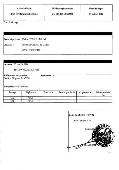 Dépôt CU 10E0008 Me Stehlin