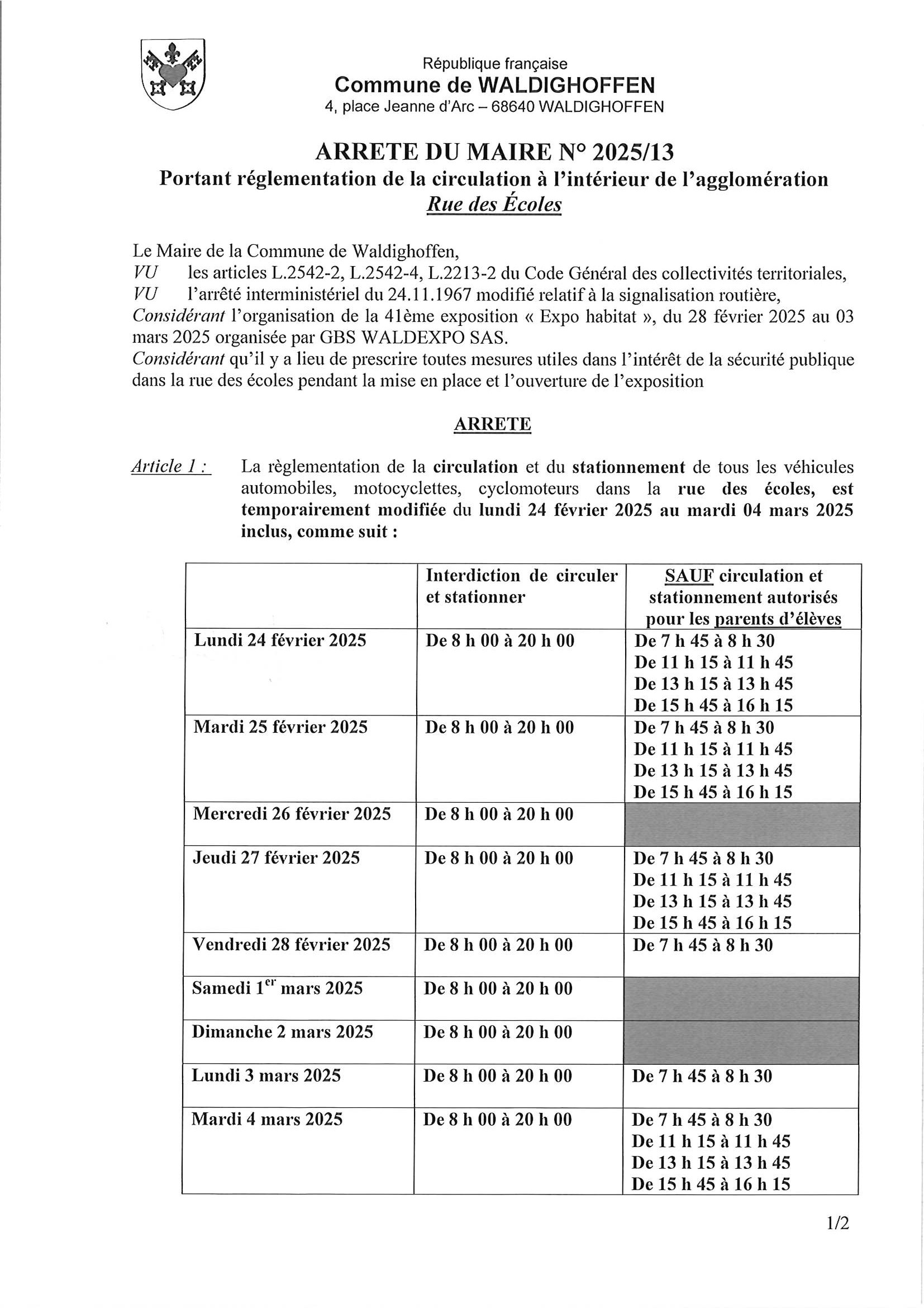 Arrêté du maire n°2025/13 page 1 Circulation rue des Ecoles Expo Habitat 2025